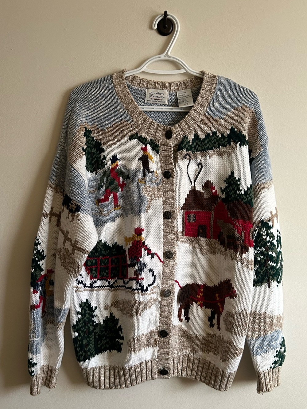 Vintage Northern Treasures knit cardigan Nordic Ski scene, Northern Reflections